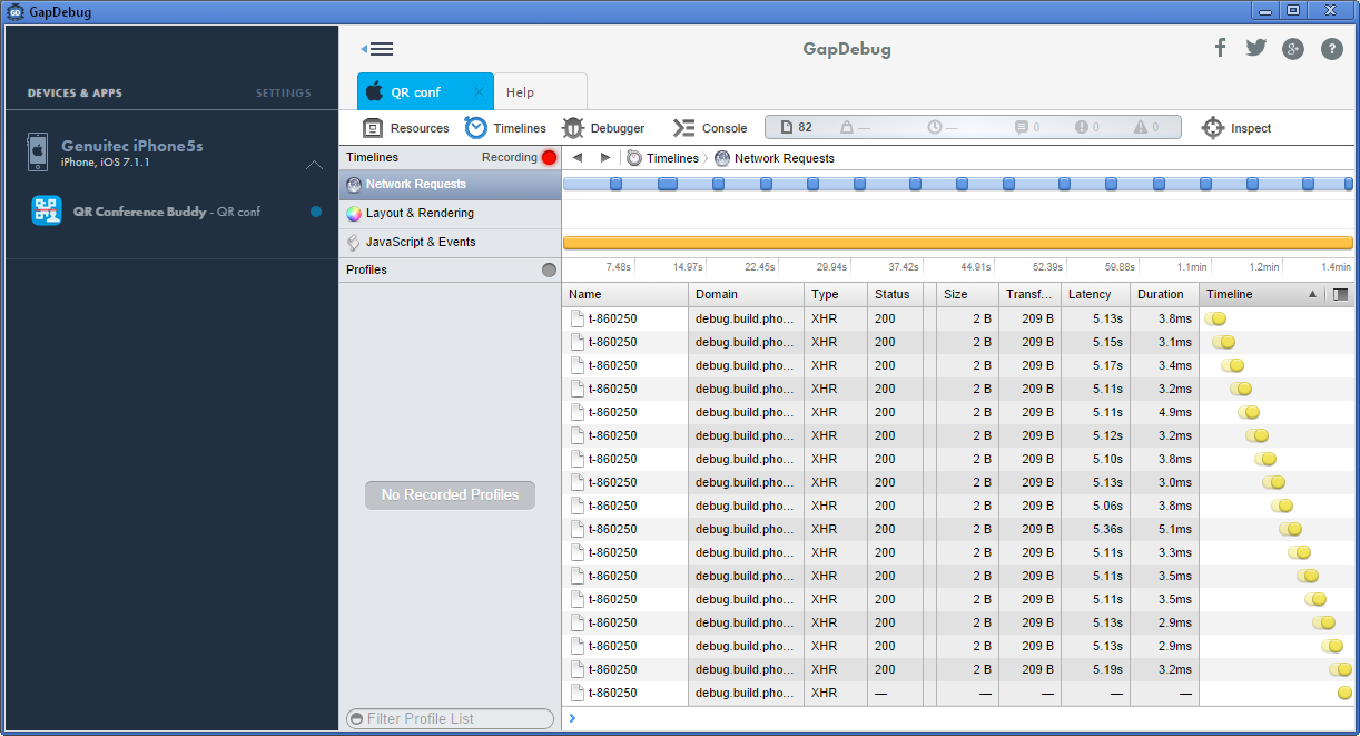 Using GapDebug to observe frequent Weinre network XHR activity in an application