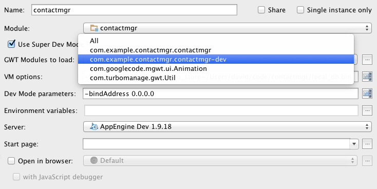 Configure IntelliJ to use the dev-only GWT module